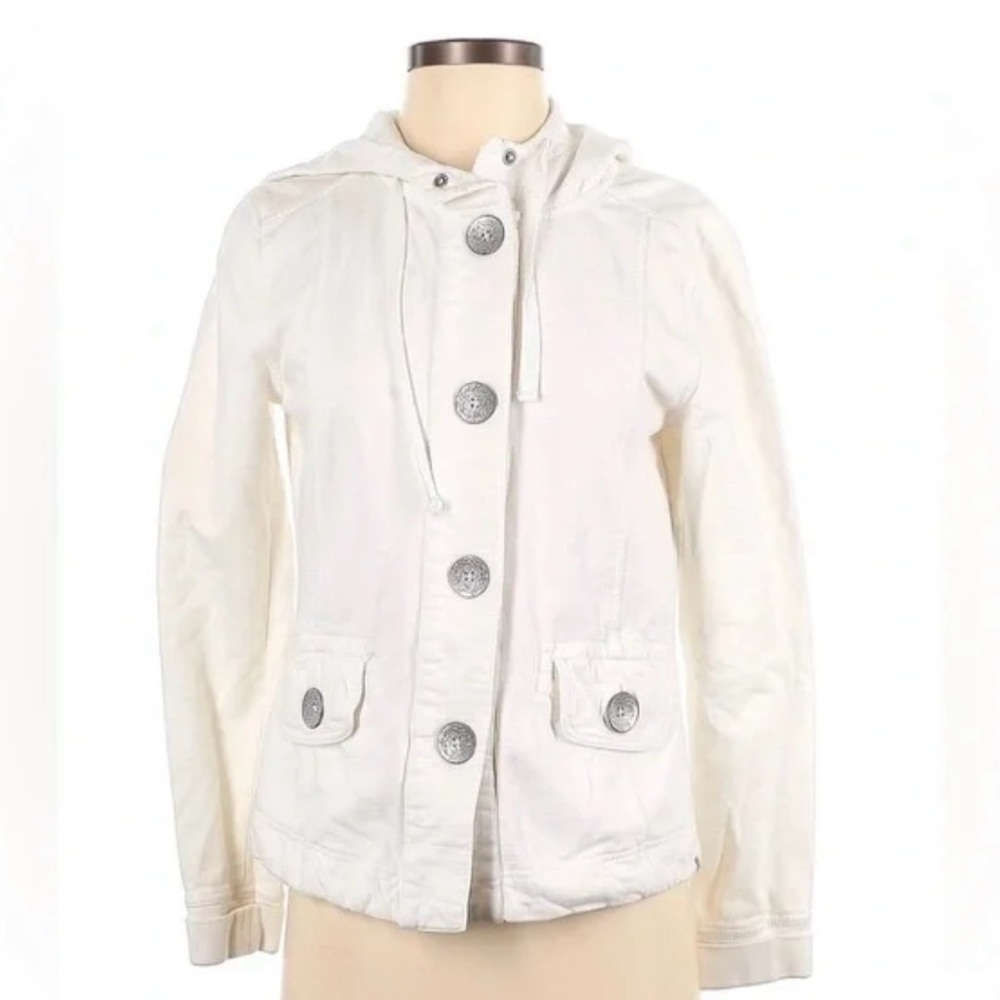 PrAna White Janelle Button Up Jacket with Hood